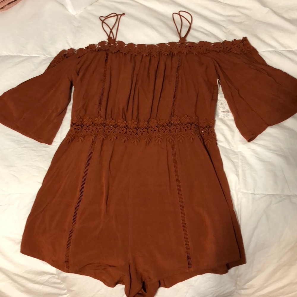Rust/orange romper off the shoulder lace